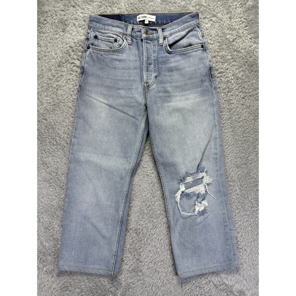 Re/Done Sz 26 High Rise Stove Pipe Jean SAF Wash Straight Leg Distressed Cropped